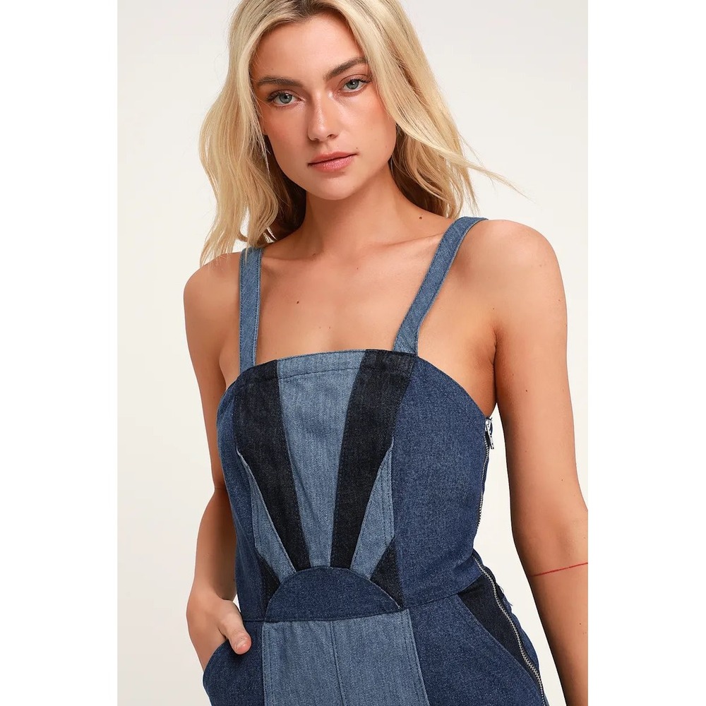 Blank NYC Mixed Emotions Colorblock Denim Romper Blue Sunburst Size 29 - Picture 2 of 8
